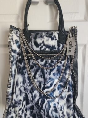 Black and White Leopard-Print Chain Tote